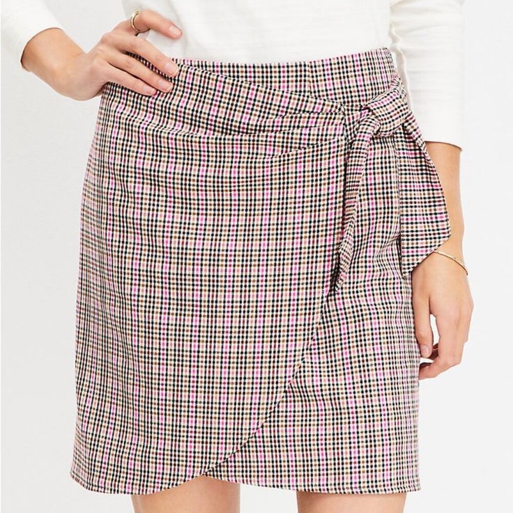 NWT Loft Plaid Wrap Skirt Women's Size 14 Mini Lined White Pink Brown 766127